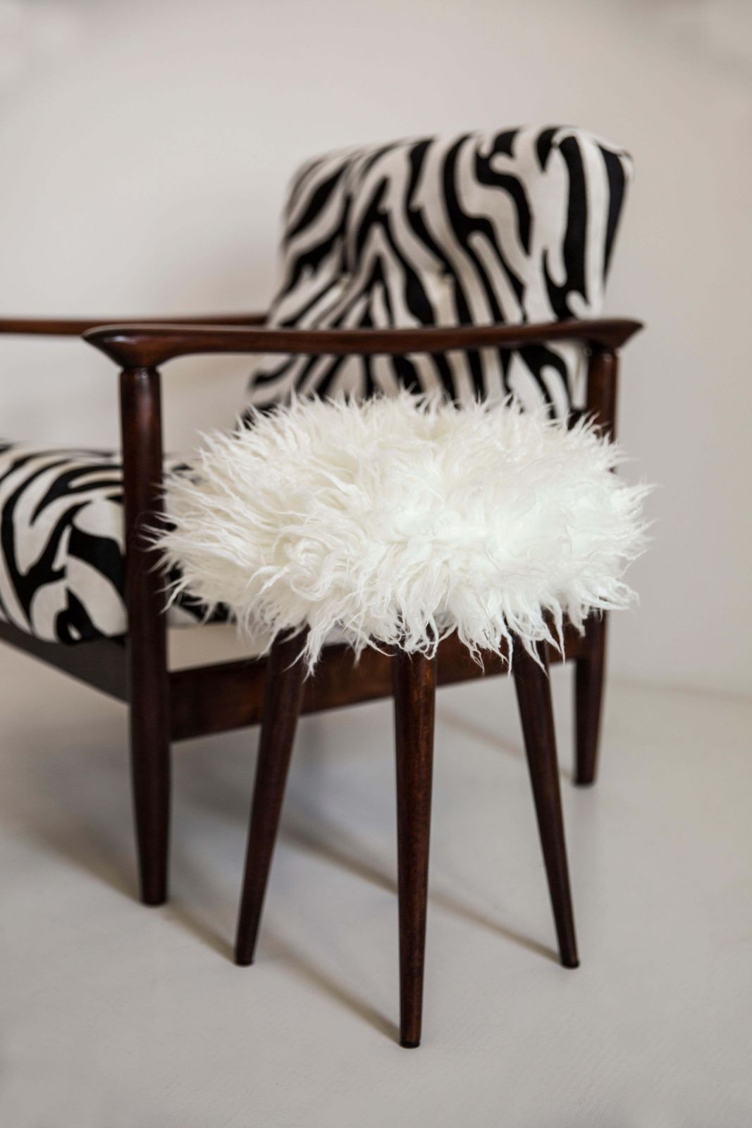 Pair Of Mid Century Alpaca White Faux Fur Stools, Europe, 1960s photo 408.0