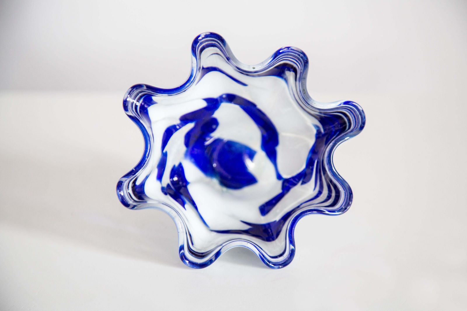 Mid Century Vintage Artistic Glass White And Blue Vase Bowl, Europe, 1970s photo vintage