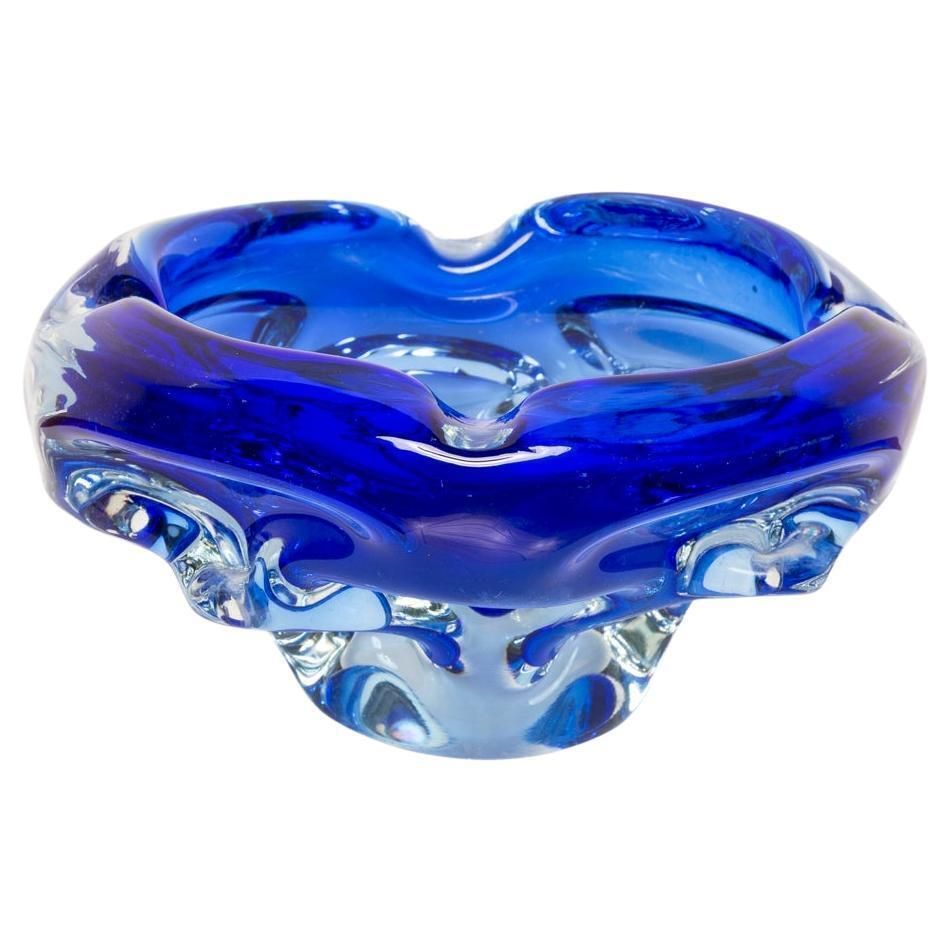 Mid Century Blue Artistic Glass Bowl Ashtray, Italy, 1970s