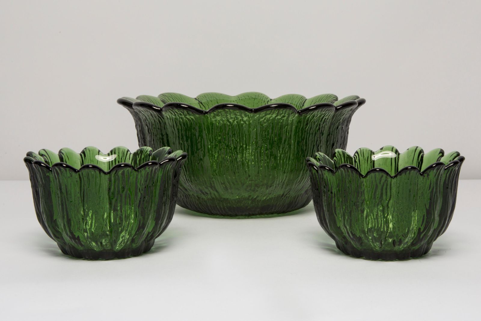 Set Of Three Mid Century Crystal Green Glass Bowls, Italy, 1970s photo 246.0