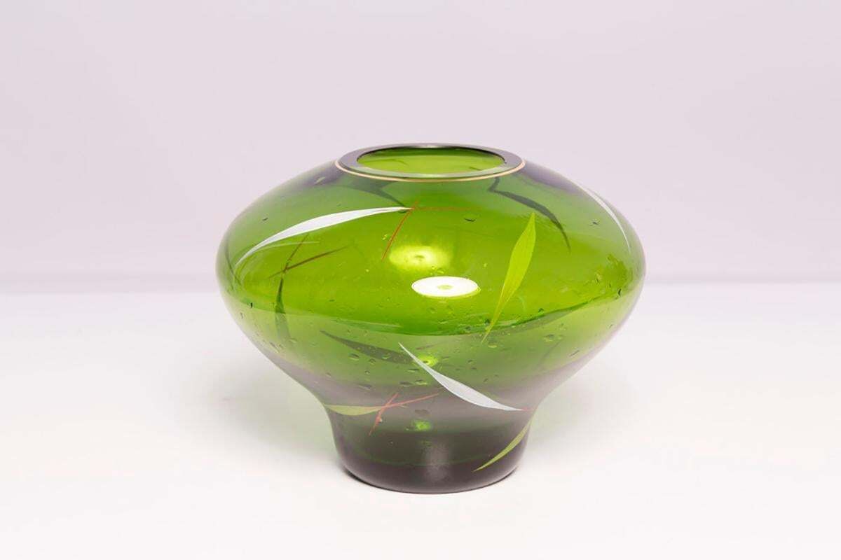 Mid Century Green Hand Painted Crystal Vase, Europe, 1960s photo buy