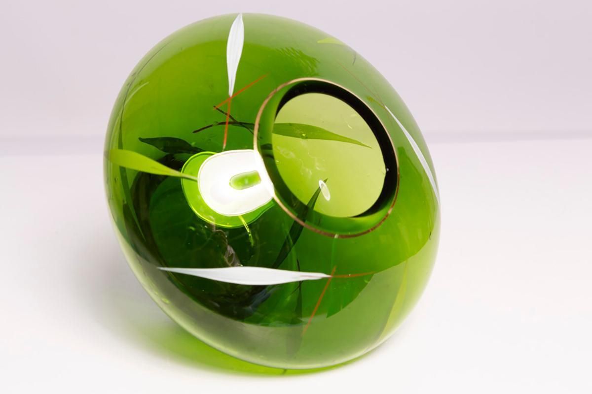 photo furniture Mid Century Green Hand Painted Crystal Vase, Europe, 1960s