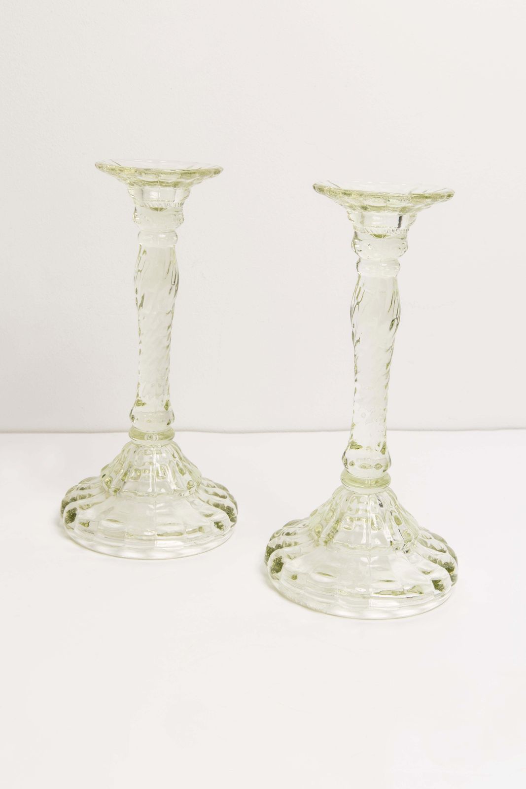 Set Of Two Mid Century Light Green Glass Candlesticks, Europe, 1960s photo furniture