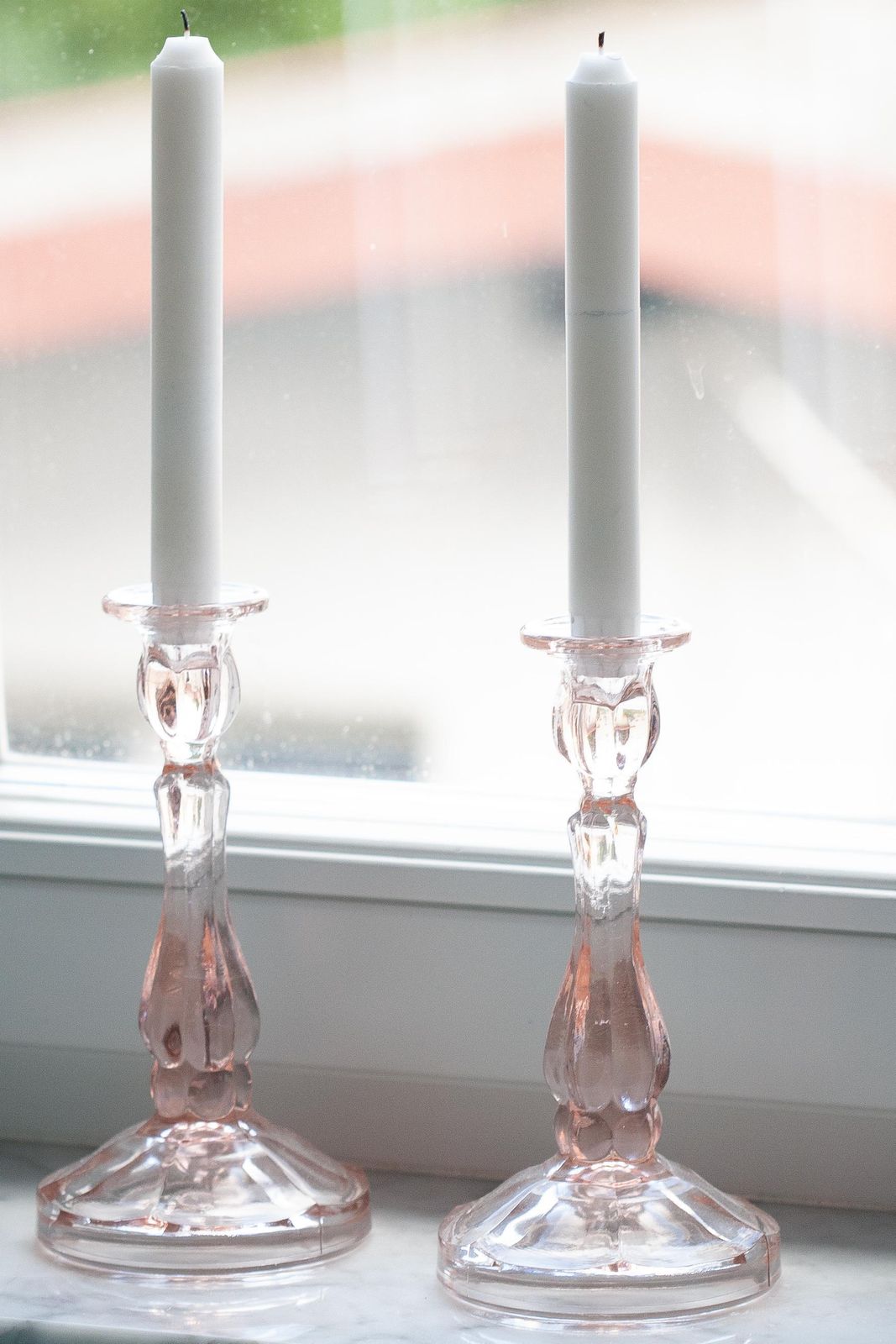 Set Of Two Mid Century Light Rose Pink Glass Candlesticks, Europe, 1960s photo furniture