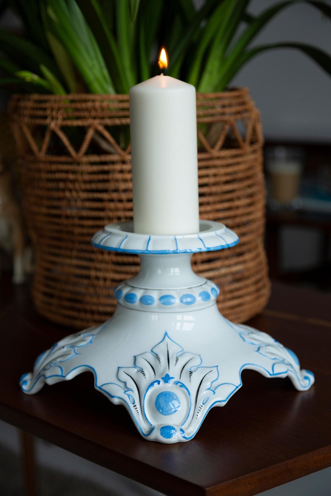 20th Century Ceramic White And Blue Candlestick, France, 1960s photo Home Decor
