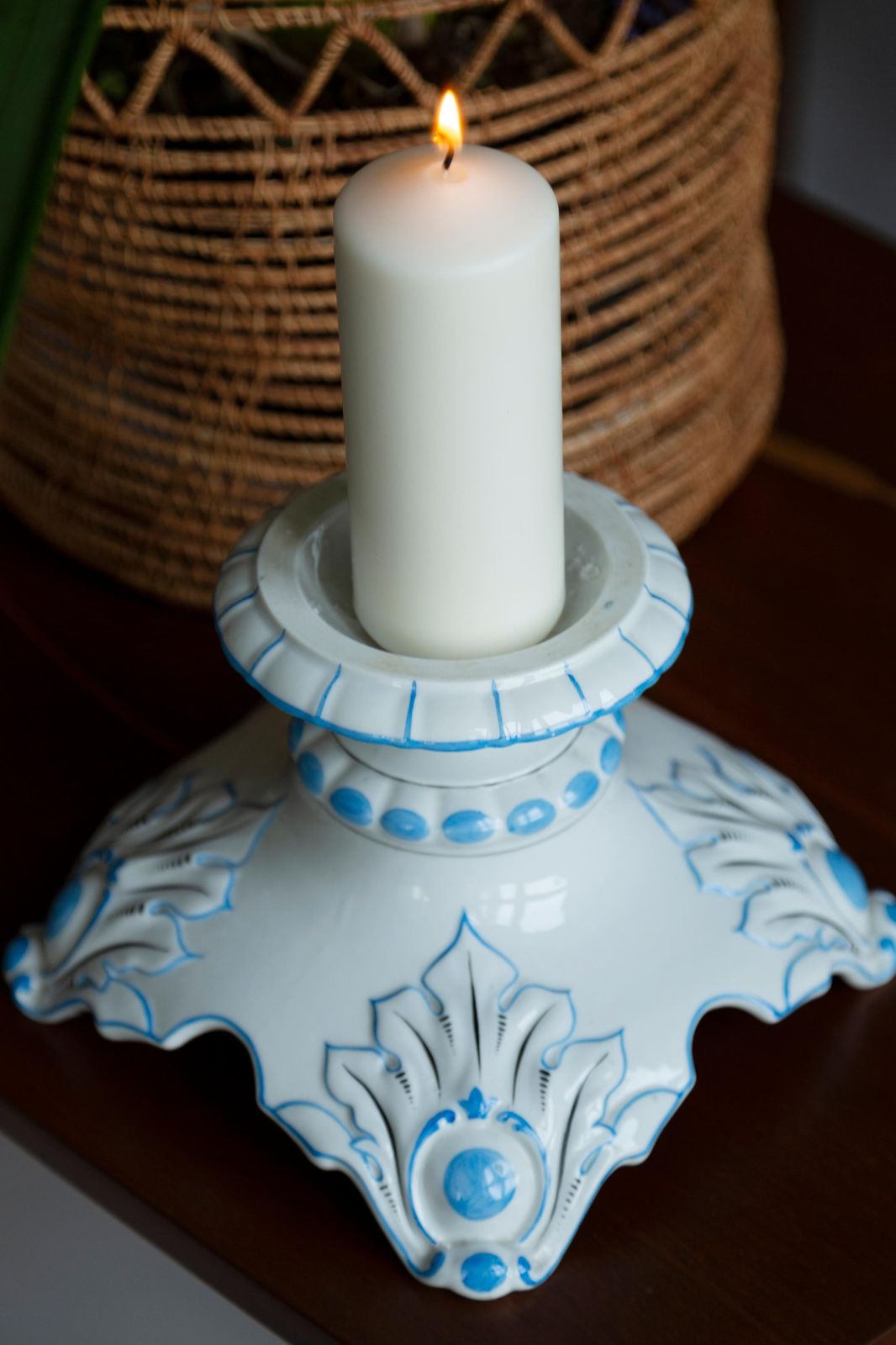 20th Century Ceramic White And Blue Candlestick, France, 1960s photo vinterior
