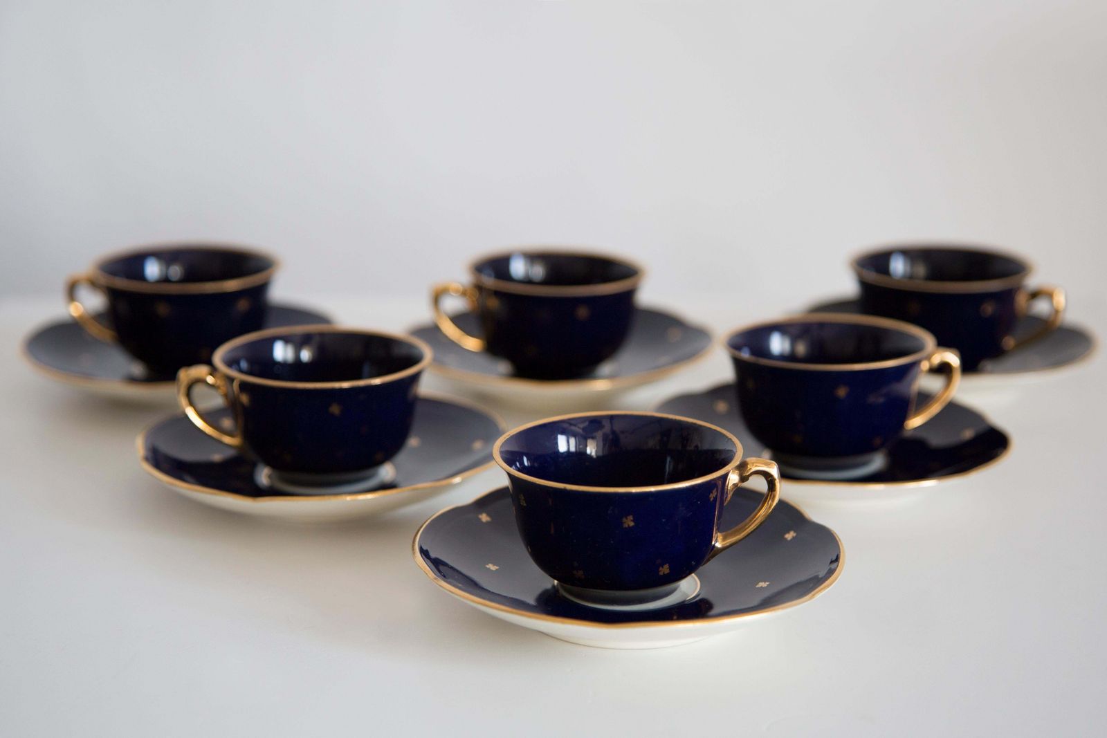212.0 Midcentury Porcelain Navy Blue Tea Coffee Service Jug And Cups, Poland, 1960 photo