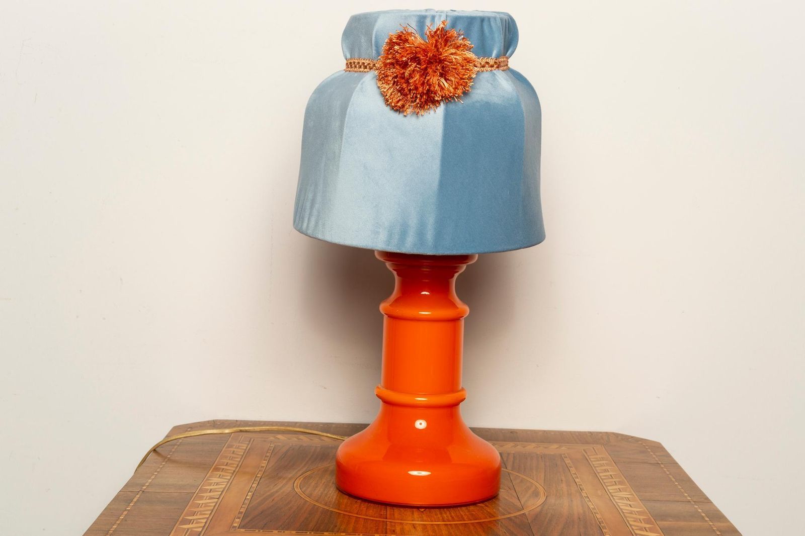 Mid Century Orange And Blue Ceramic And Velvet Table Lamp, Europe, 1960s photo furniture