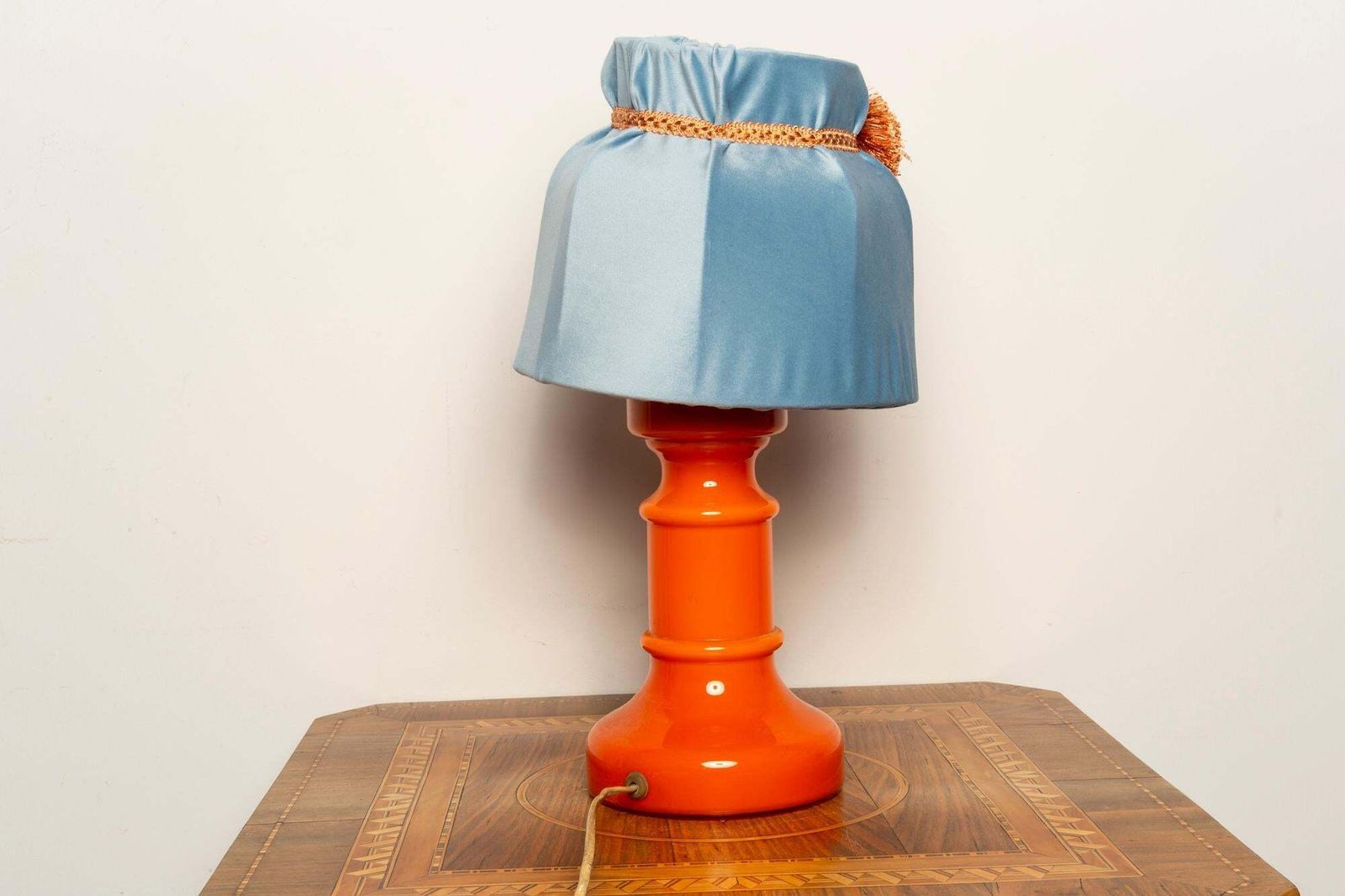 Mid Century Orange And Blue Ceramic And Velvet Table Lamp, Europe, 1960s photo for sale
