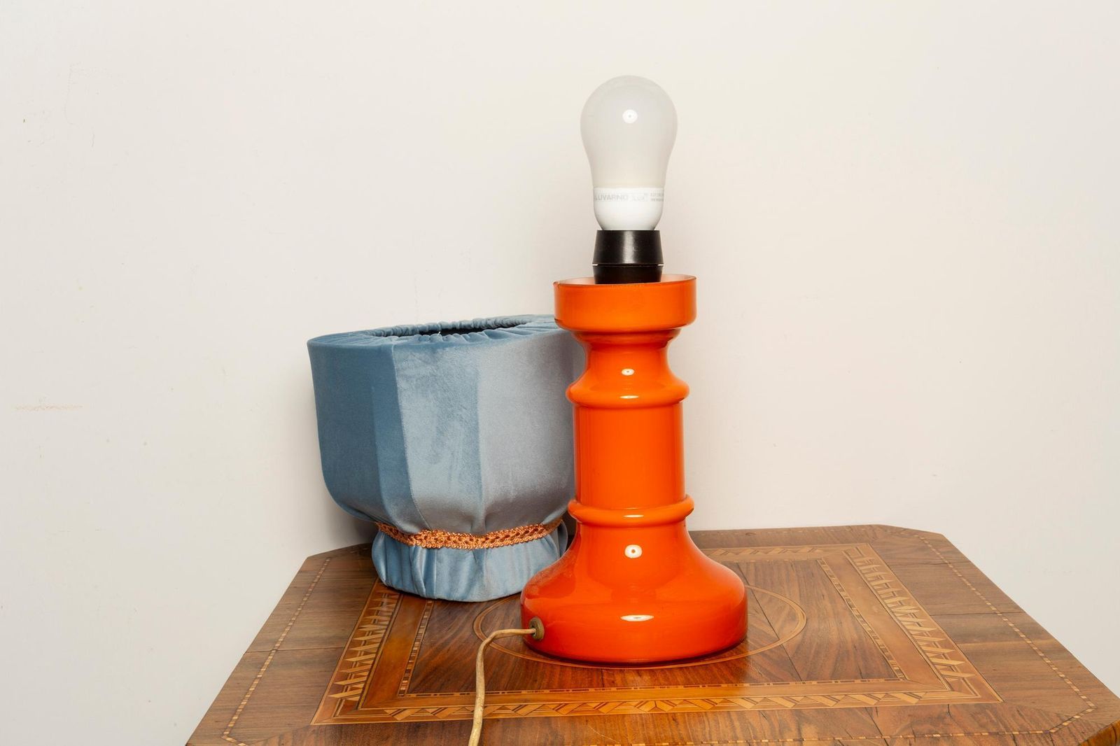 Mid Century Orange And Blue Ceramic And Velvet Table Lamp, Europe, 1960s photo Lighting