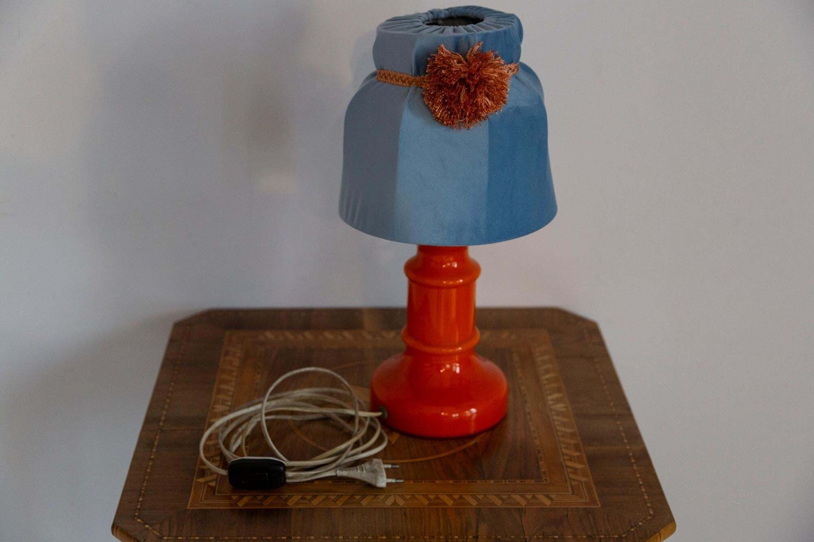 Mid Century Orange And Blue Ceramic And Velvet Table Lamp, Europe, 1960s photo buy