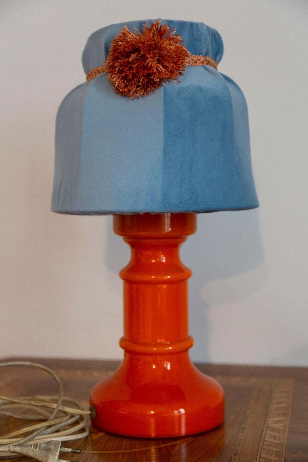 photo furniture Mid Century Orange And Blue Ceramic And Velvet Table Lamp, Europe, 1960s