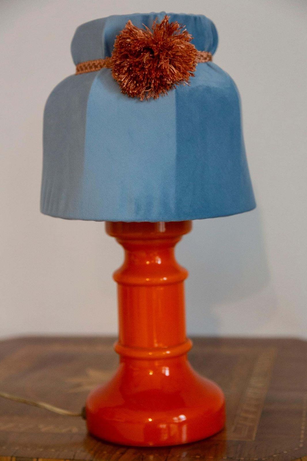 339.0 Mid Century Orange And Blue Ceramic And Velvet Table Lamp, Europe, 1960s photo