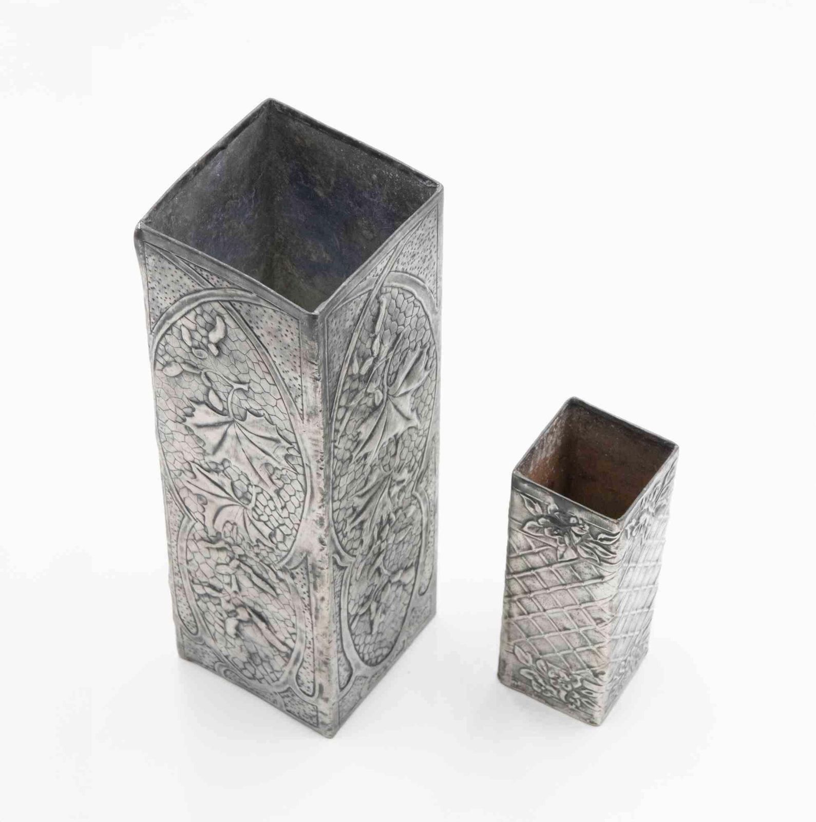 Set Of 2 Art Nouveau Pewter Vases, Italy, Early 20th Century photo 213.0