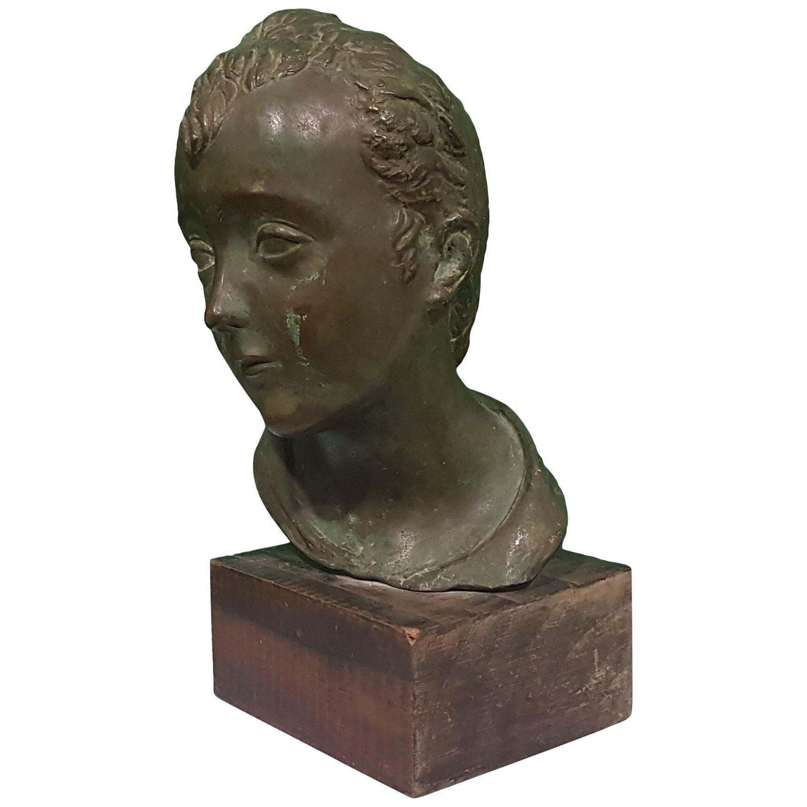 Head Of Young Boy, Bronze Sculpture By Attilio Torresini, Beginning Of 1900