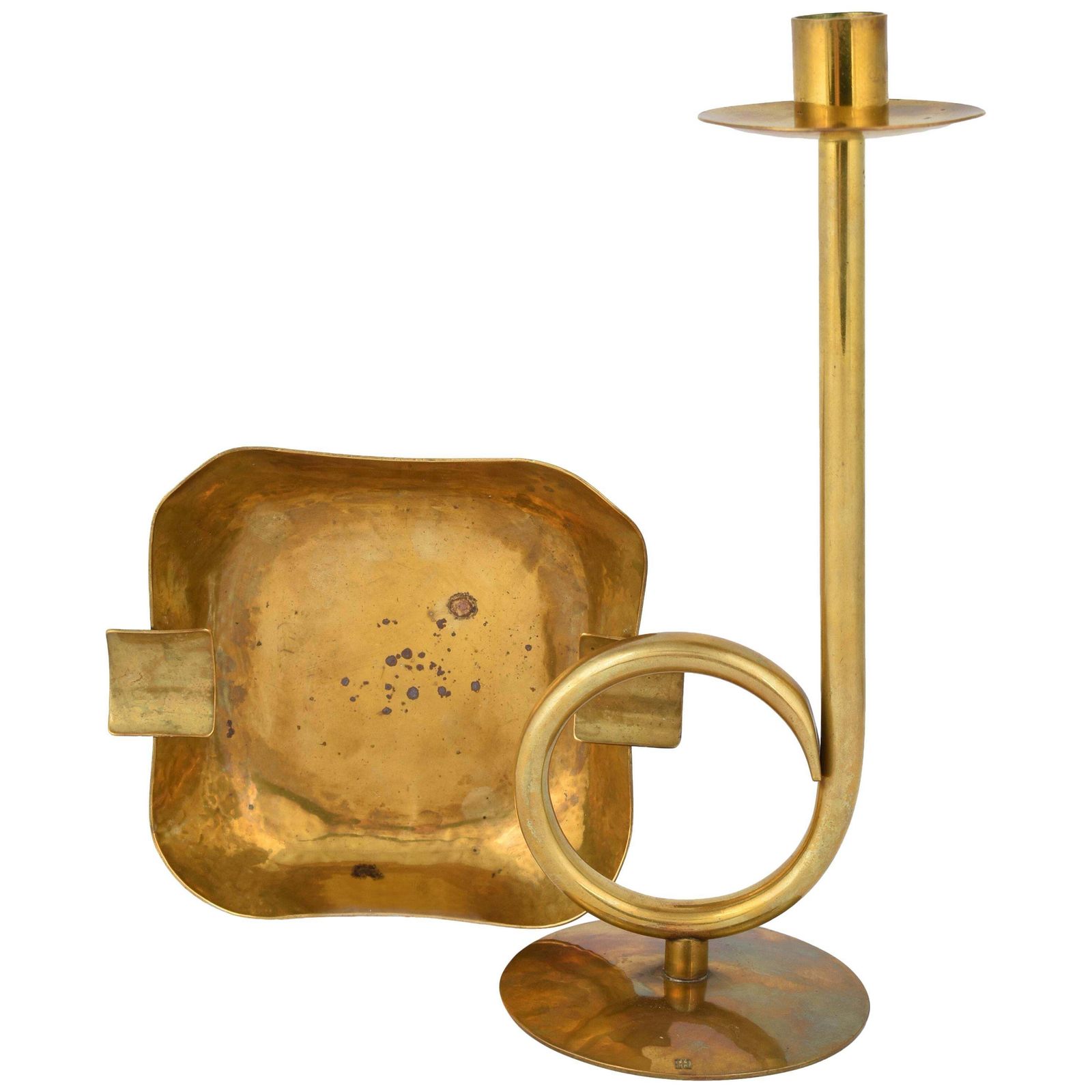 Vintage Brass Candlestick And Ashtray By Hayno Focken   Germany 1930s