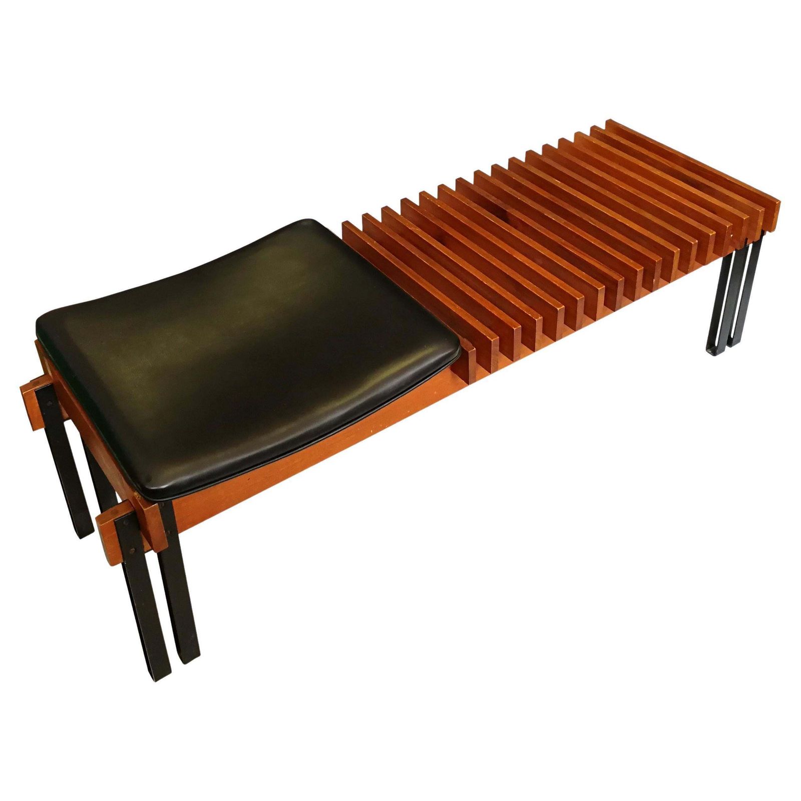 Vintage Wood Teak Bench In Lacquered Metal, Italian Production, 1960s