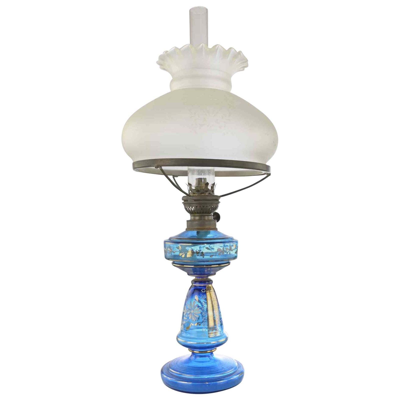 Antique Blue Glass Kerosene Lamp, Early 20th Century