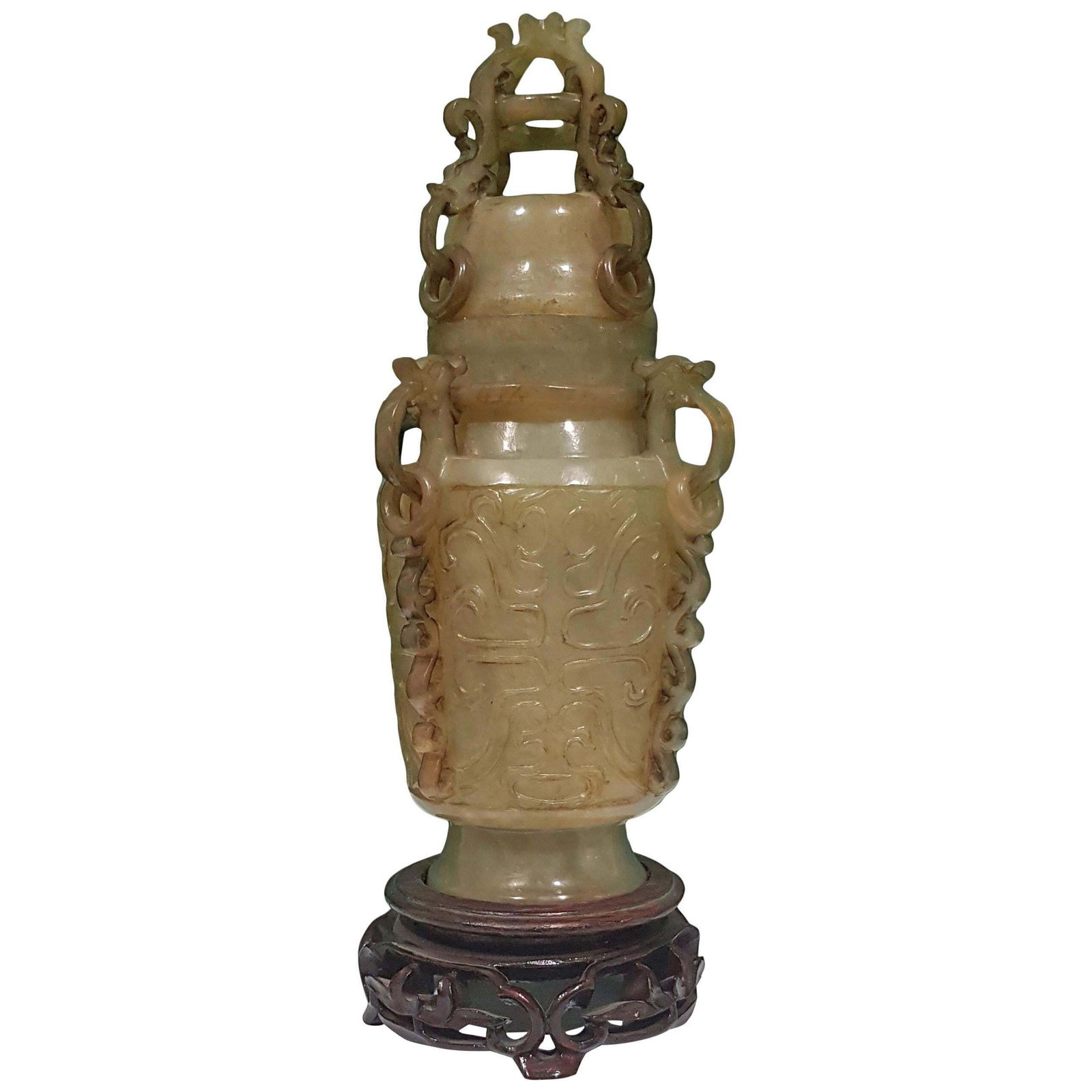 Green Jade Censer With Wooden Base Friezed With Decorations, China 20th Century
