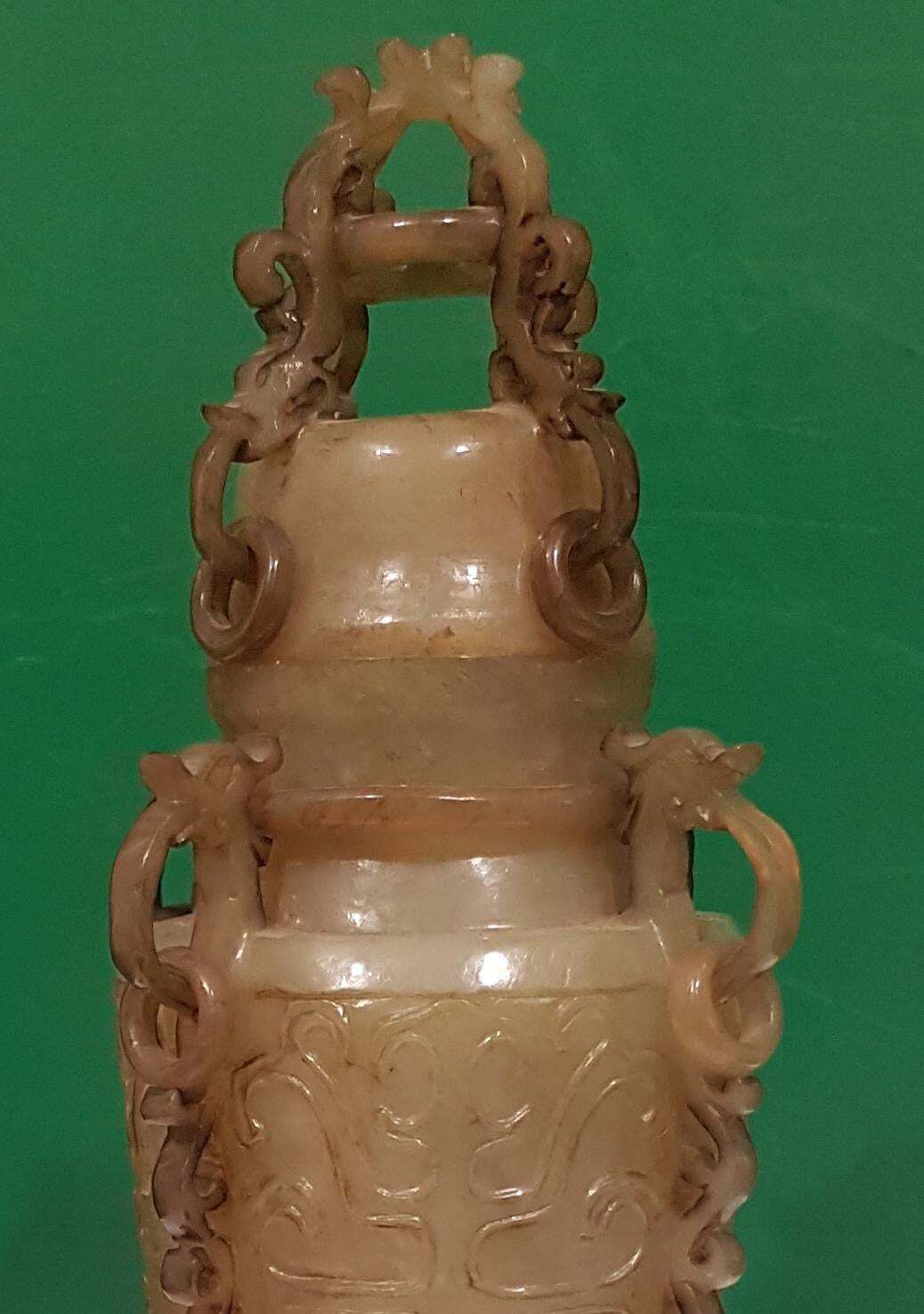 Green Jade Censer With Wooden Base Friezed With Decorations, China 20th Century photo for sale