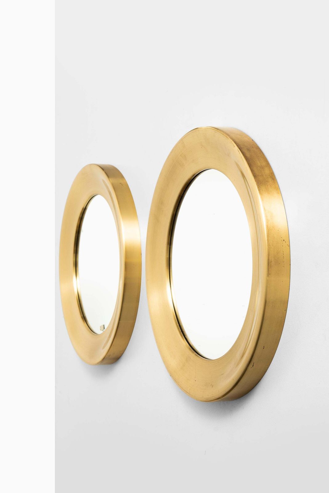 Pair Of Round Mirrors In Brass Model Nr 133 Produced By Glas Mäster In Sweden photo for sale