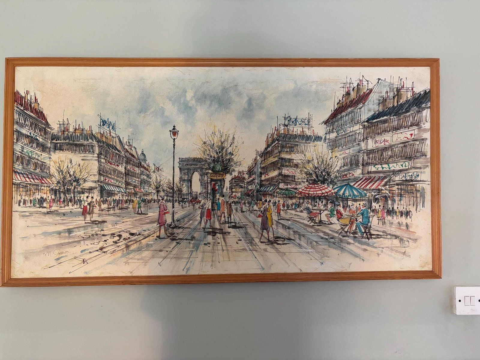 Marie Sadrim Signed Large Oil On Canvas Parisian Scene Framed 1970s photo furniture