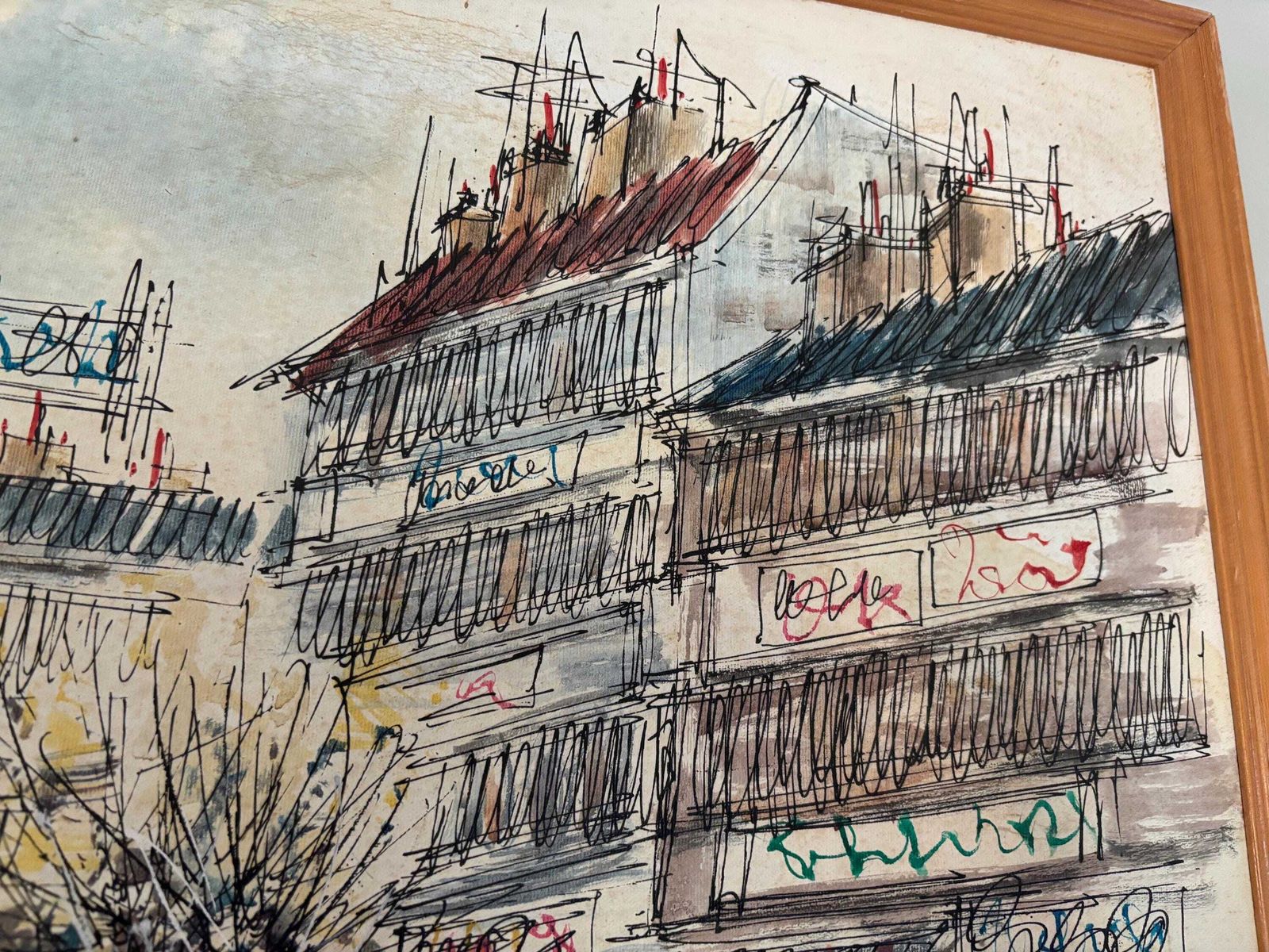 Marie Sadrim Signed Large Oil On Canvas Parisian Scene Framed 1970s photo vinterior