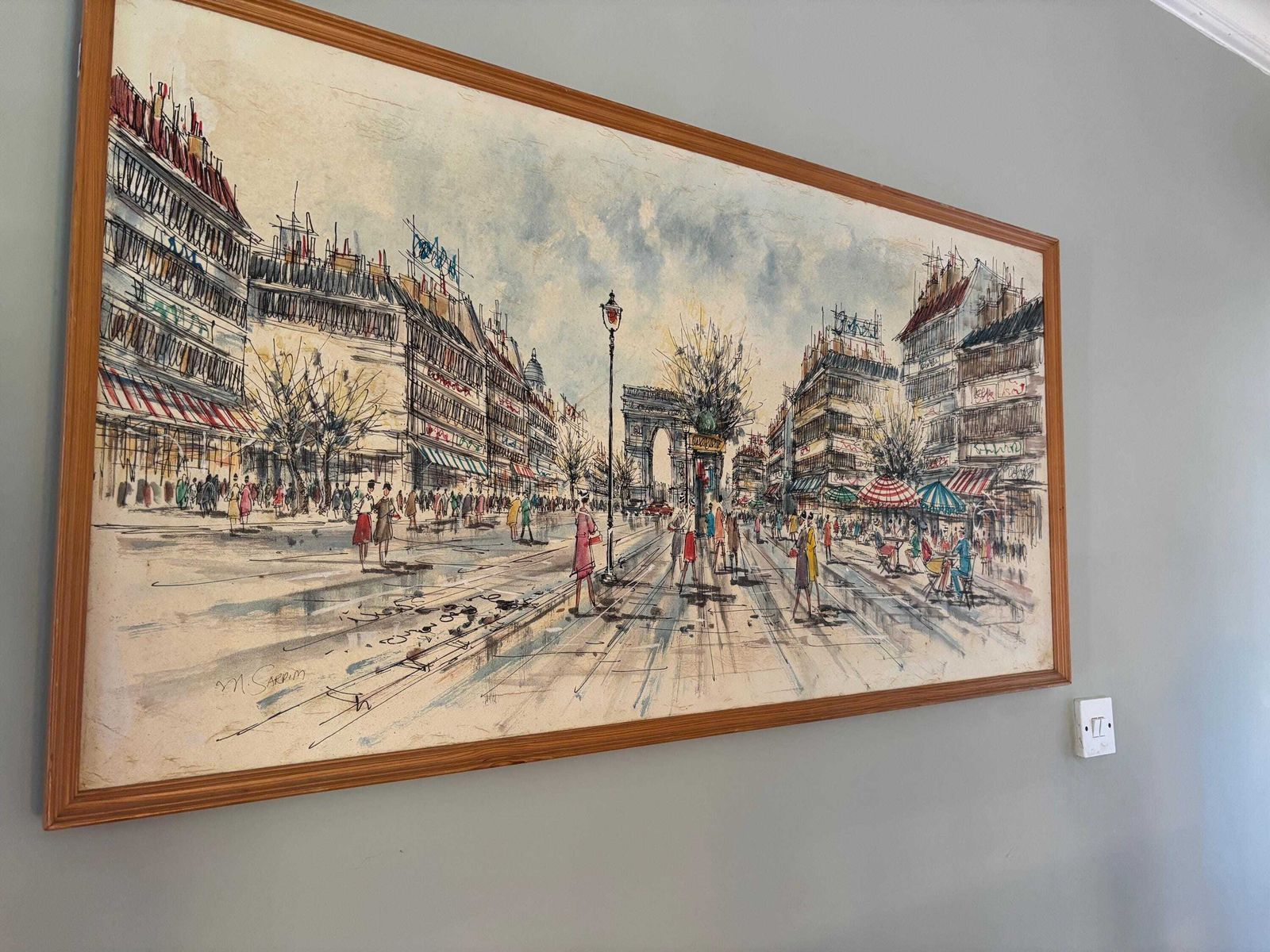 Marie Sadrim Signed Large Oil On Canvas Parisian Scene Framed 1970s photo vintage
