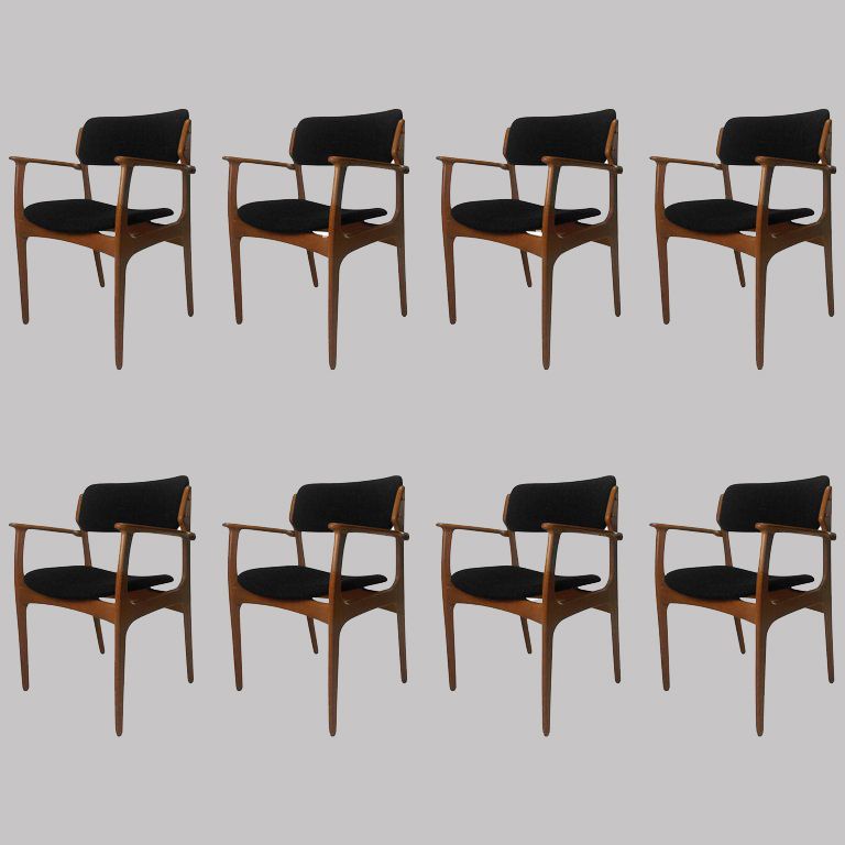 1950s Erik Buch Set Of Eight Model 50 Armchairs In Oak And Black Fabric