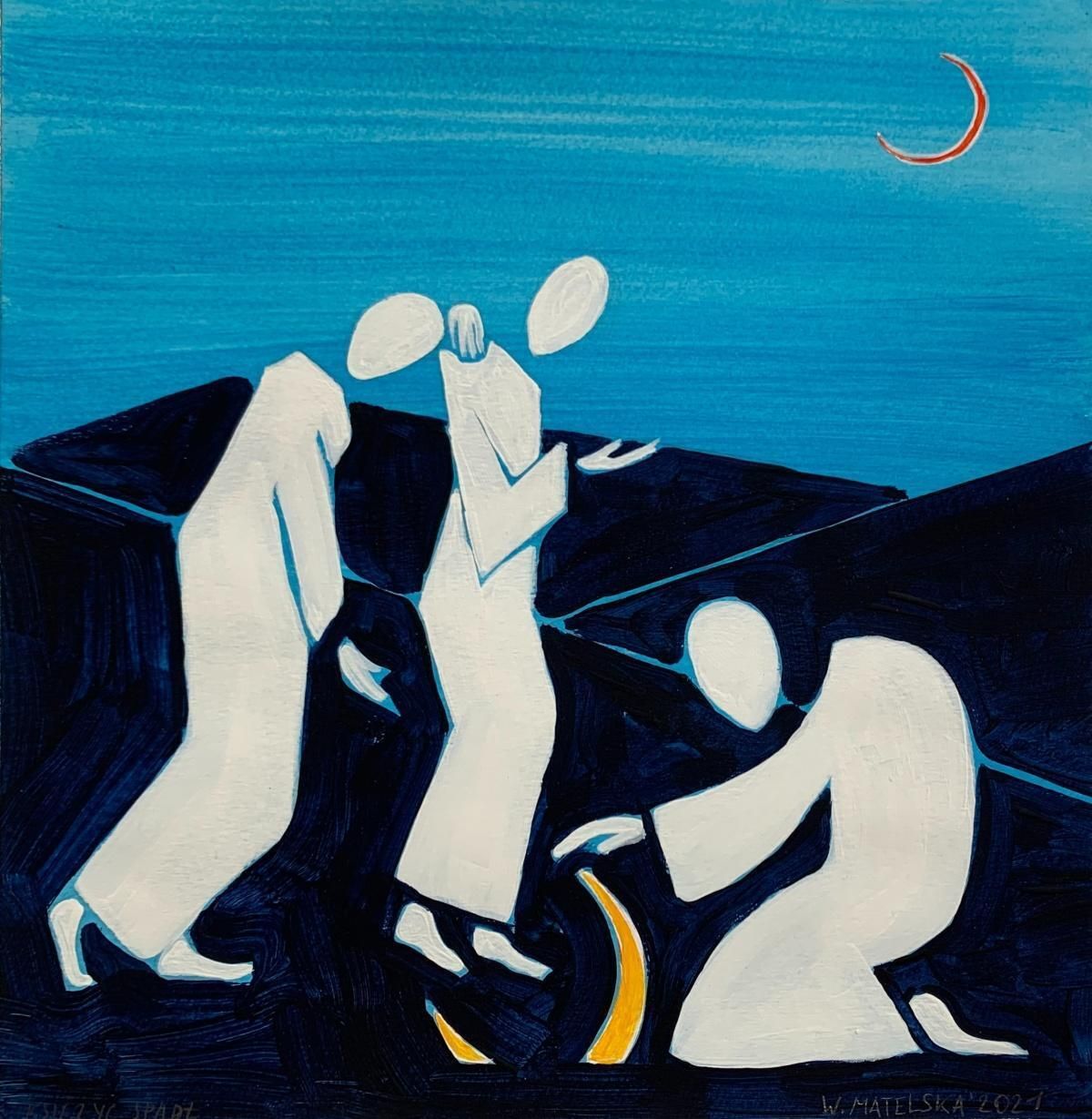 Waleria Matelskaa Moon Fell Down   Figurative Painting On Paper, Young Art, Colorful, Vibrant2021