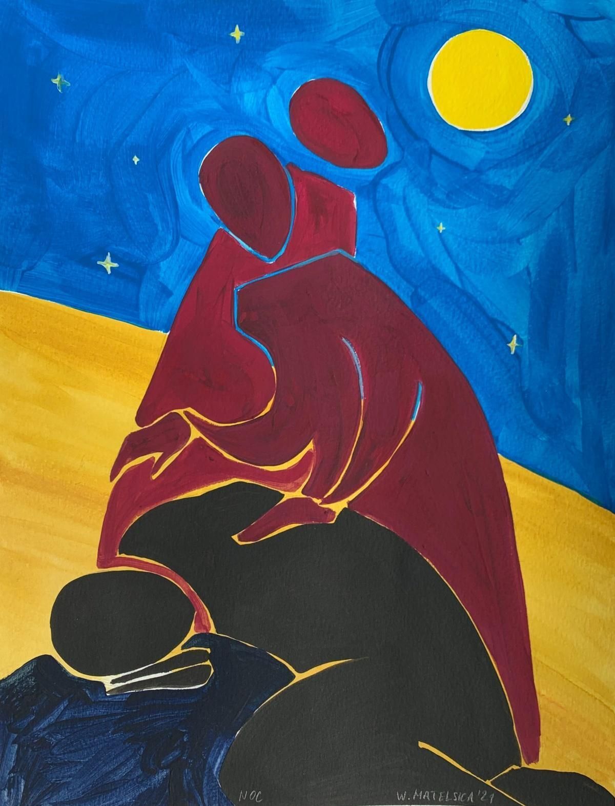 Waleria Matelskaa Night   Figurative Painting On Paper, Young Art, Minimalism, Vibrant 2021