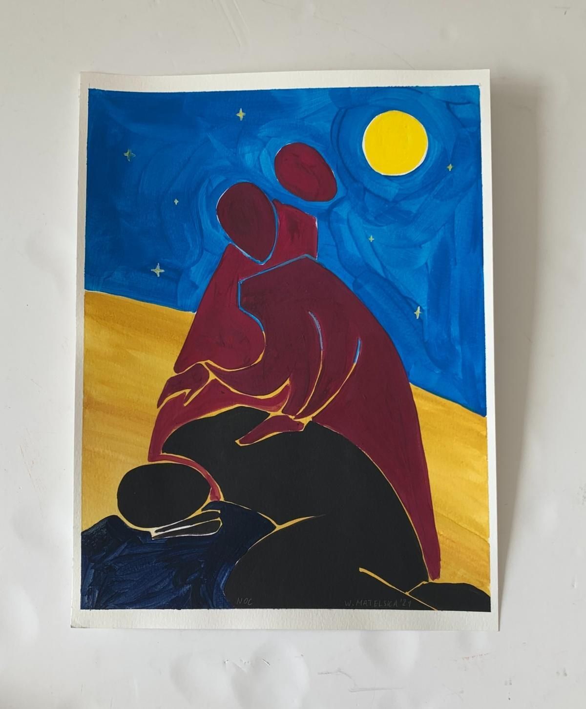 Waleria Matelskaa Night   Figurative Painting On Paper, Young Art, Minimalism, Vibrant 2021 photo Art
