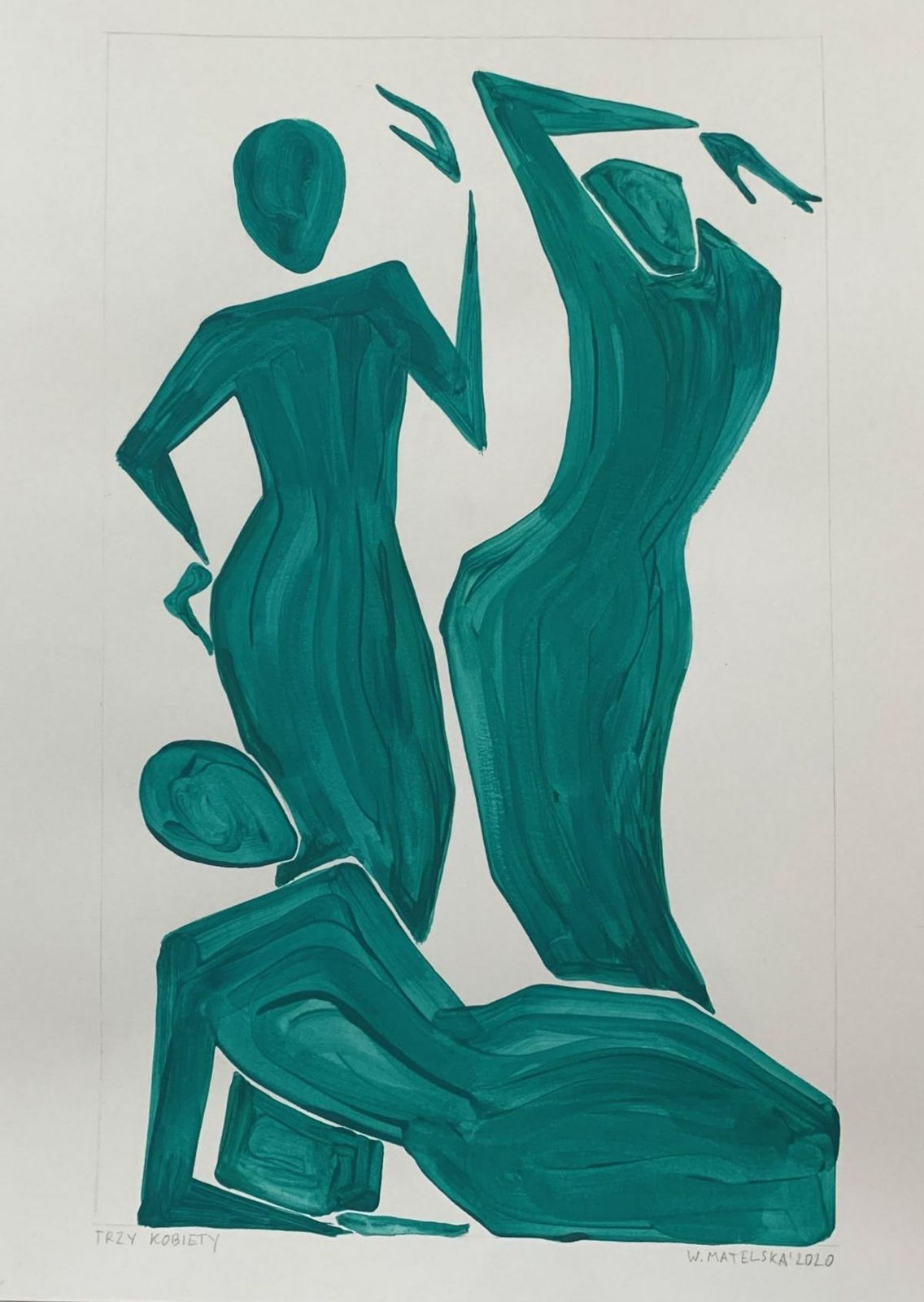 Waleria Matelskathree Women   Figurative Painting On Paper, Young Art Minimalism, Vibrant 2020 photo for sale