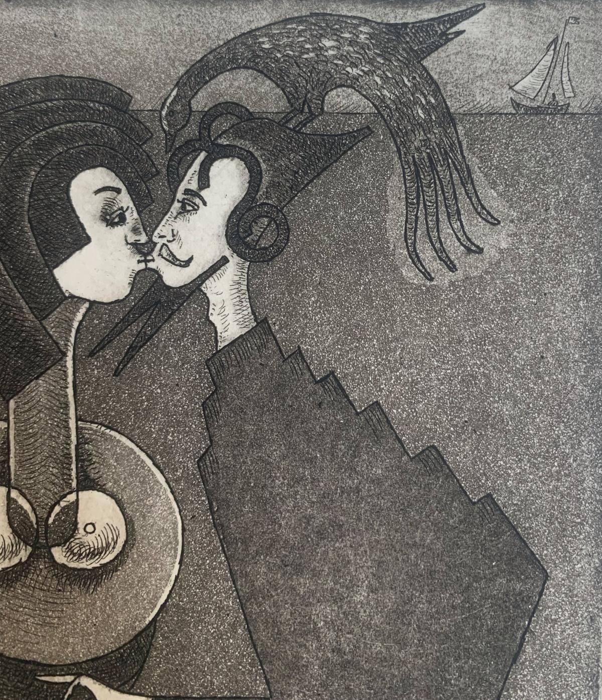 Czeslaw Tumielewiczkiss Of A Wizard. Figurative Etching Print, Monochromatic, Romantic, Polish Art2007 photo for sale