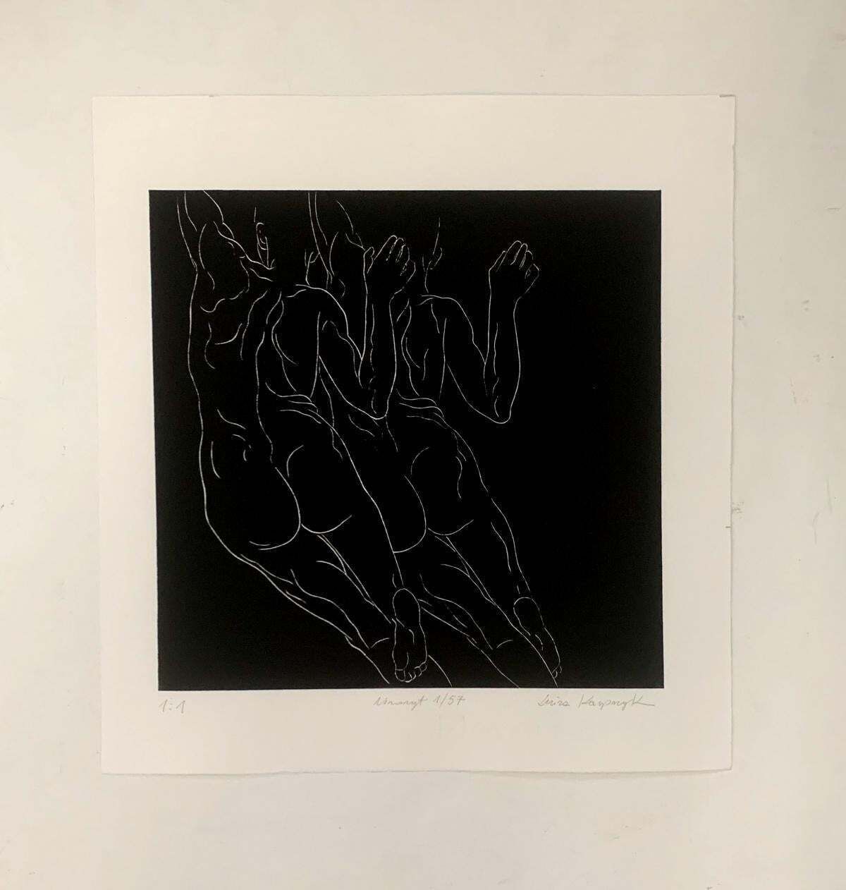 Luiza Kasprzyk1:1   21th Century, Young Artist, Figurative Print, Linocut, Black & White2021 photo furniture