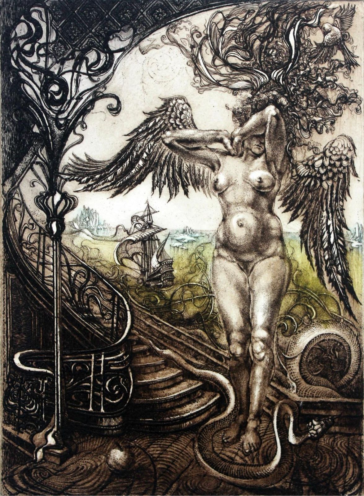 Barbara Rosiaktemptation   XX Century, Figurative Etching Print, Nude, Landscape, Fantasy2000