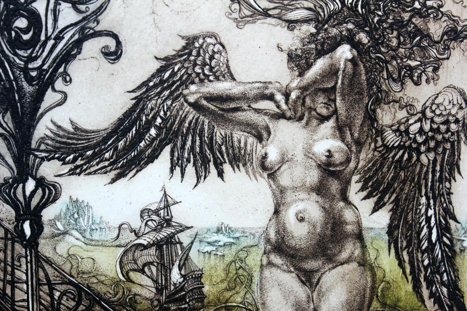 Barbara Rosiaktemptation   XX Century, Figurative Etching Print, Nude, Landscape, Fantasy2000 photo for sale