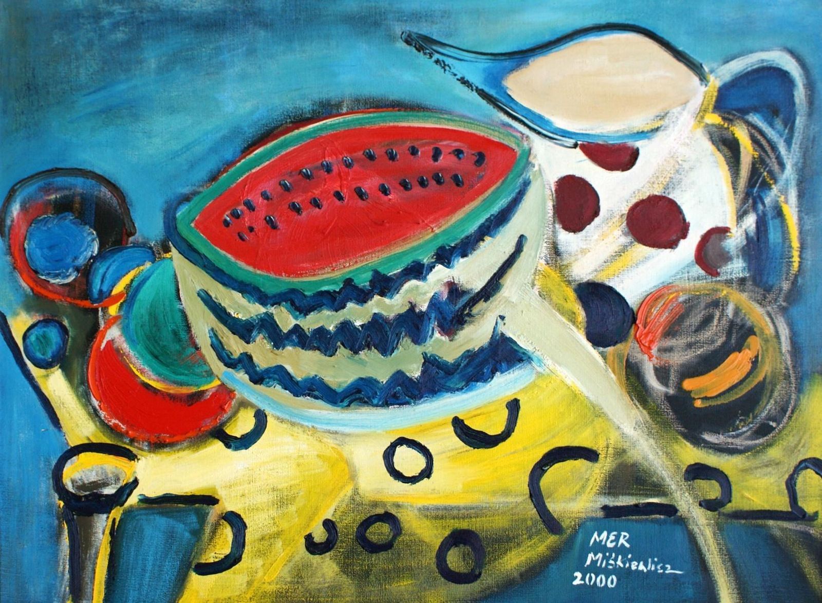 Marzena Miskiewiczstill Life With A Watermelon   XX Century, Acrylic & Oil Painting, Bright Colors2000