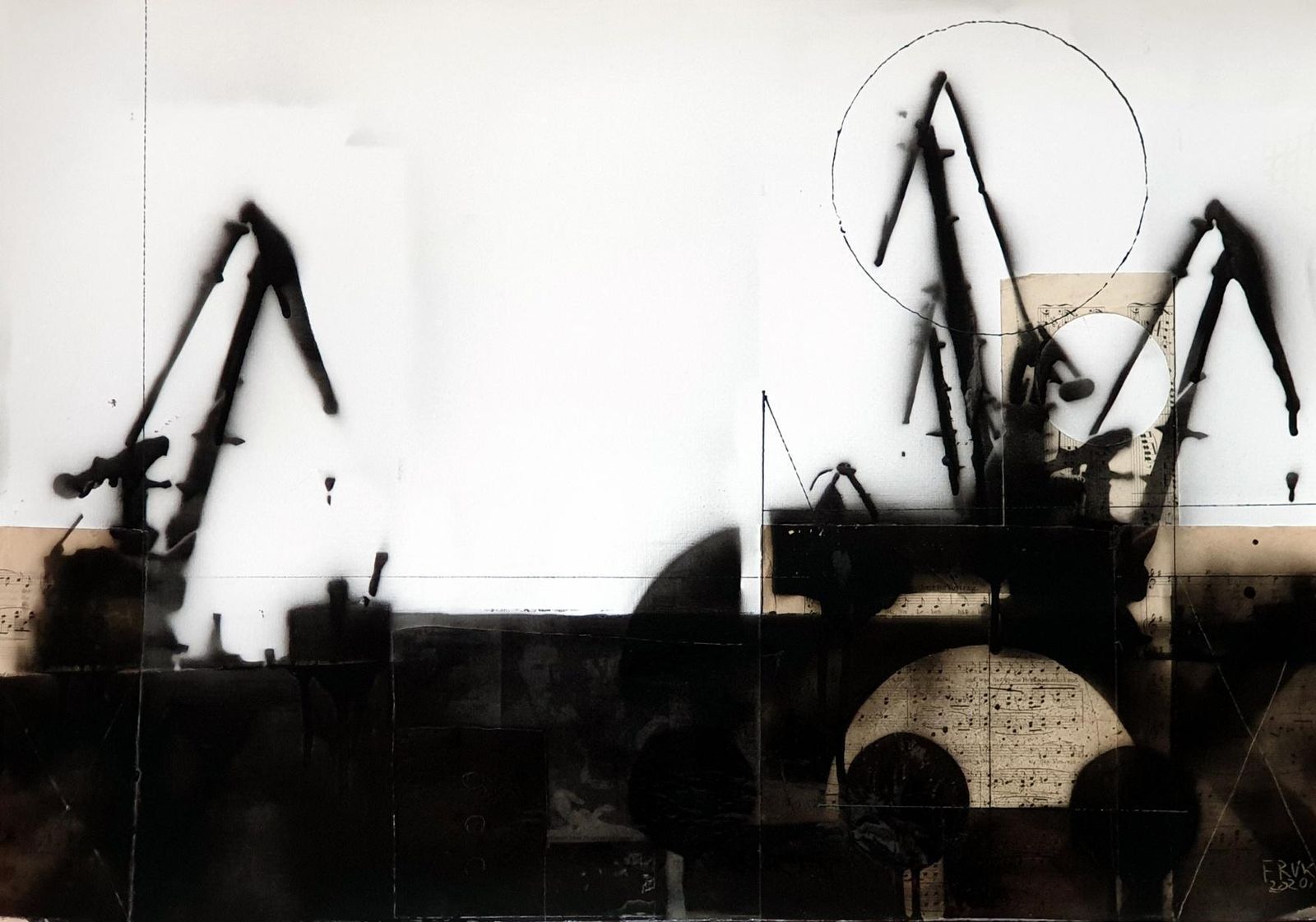 Lukasz Fruczekcranes 5   Black & White Painting, Mixed Media, Collage, Polish Art2018