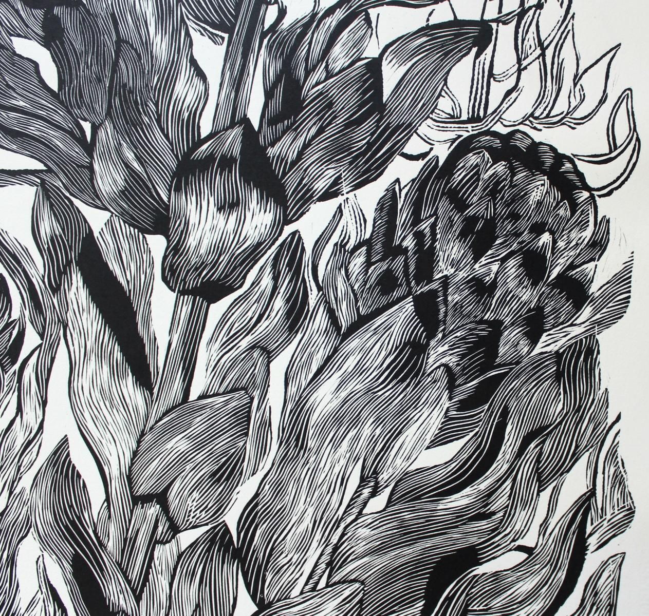 Marta Bozykprotea   Xxi Century, Contemporary Floral Linocut, Black And White2018 photo for sale