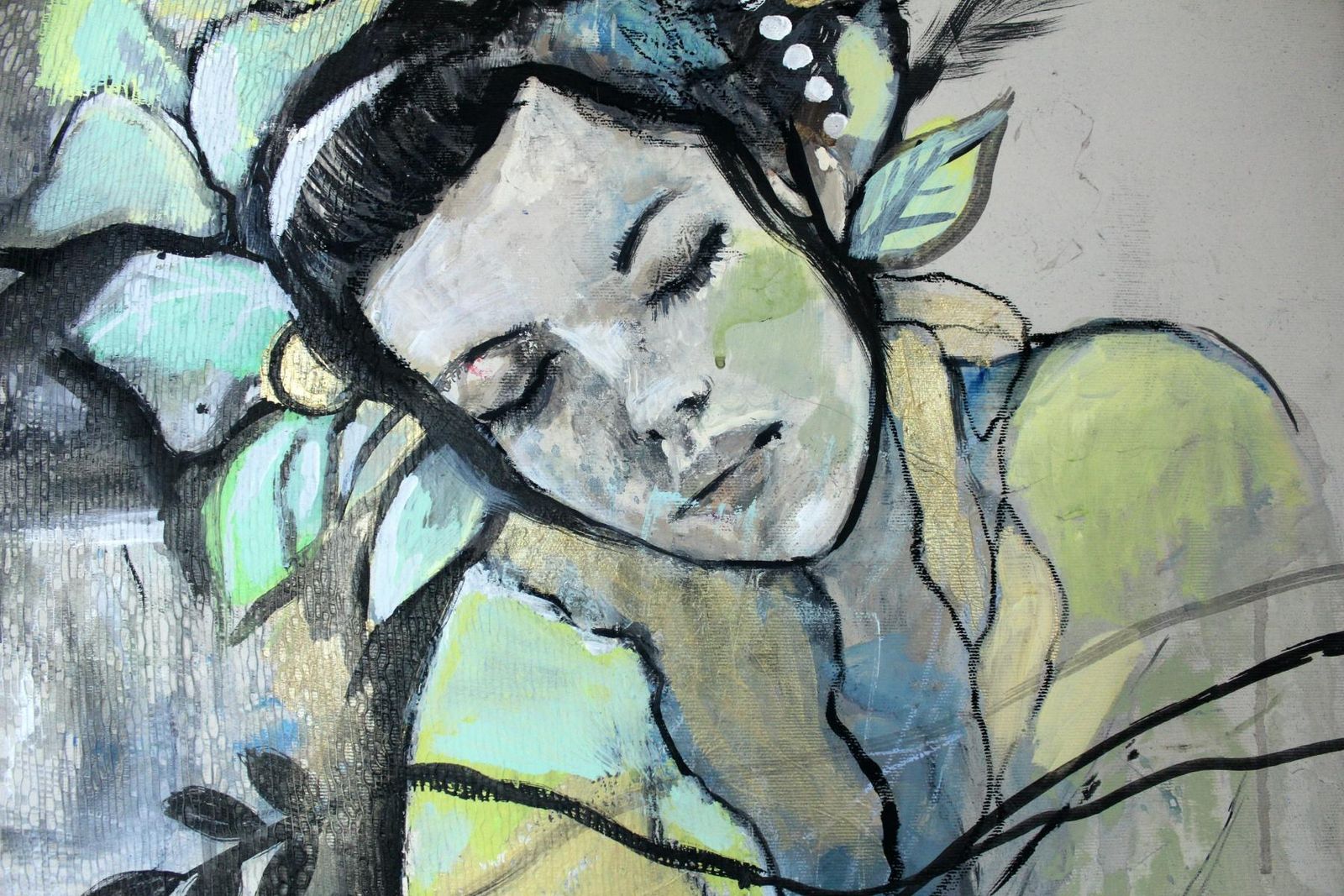 Paulina Maksjanflowers. Female Portrait, Figurative Painting, Mixed Media, Polish Artist2015 photo Art