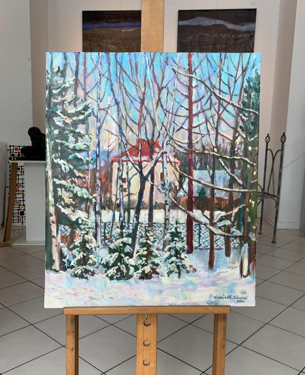 Marek Niedojadłoin The Winter Sun   Oil Painting, Colourful, Vertcal, Trees2021 photo furniture