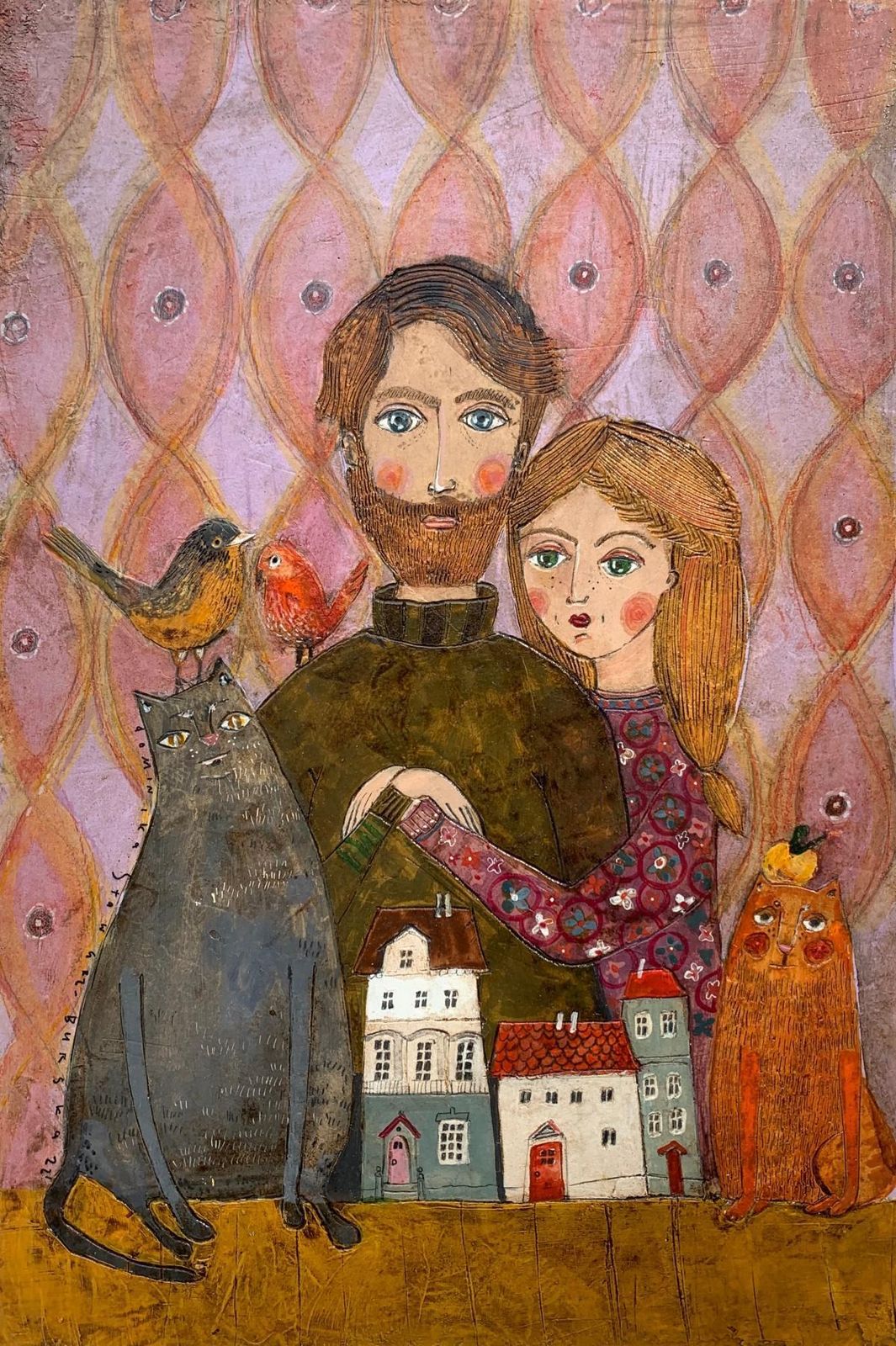 Dominika Stawarz Burskaa Town . Contemporary Figurative Mixed Media, Couple, Animals, Polish Art2022