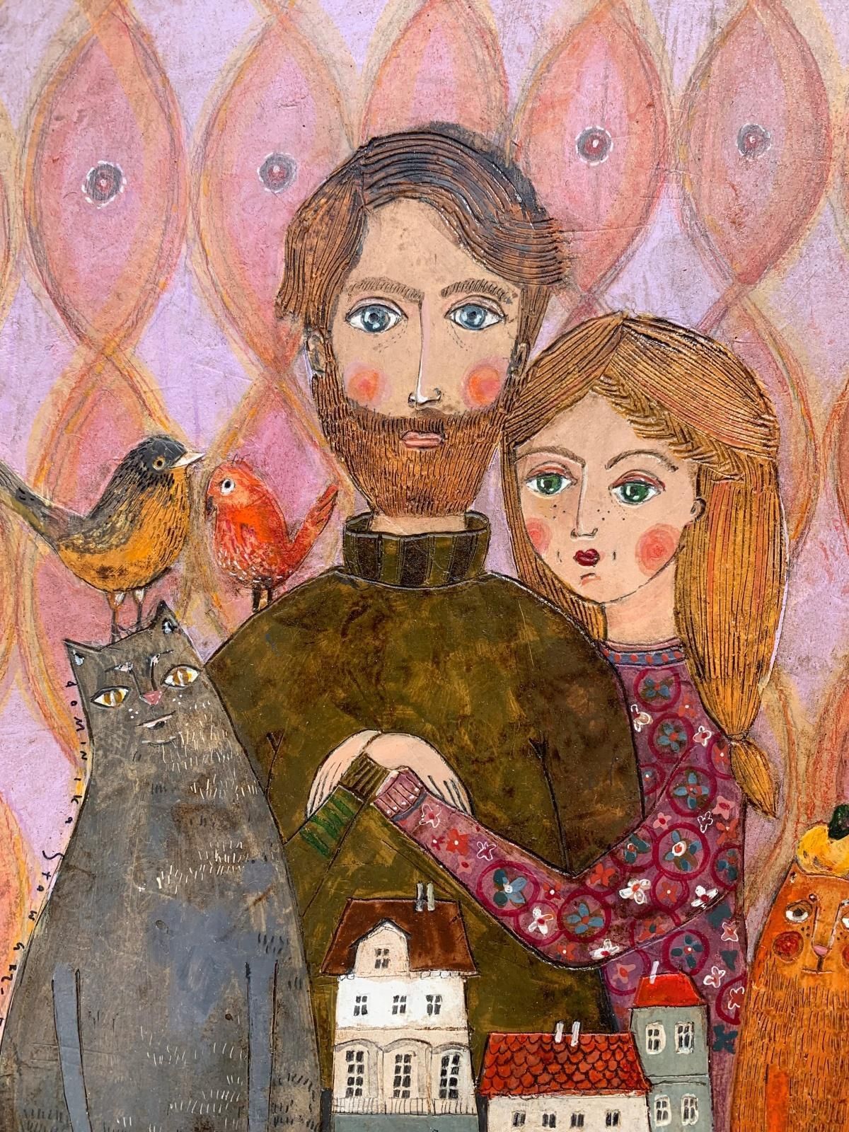 Dominika Stawarz Burskaa Town . Contemporary Figurative Mixed Media, Couple, Animals, Polish Art2022 photo Art