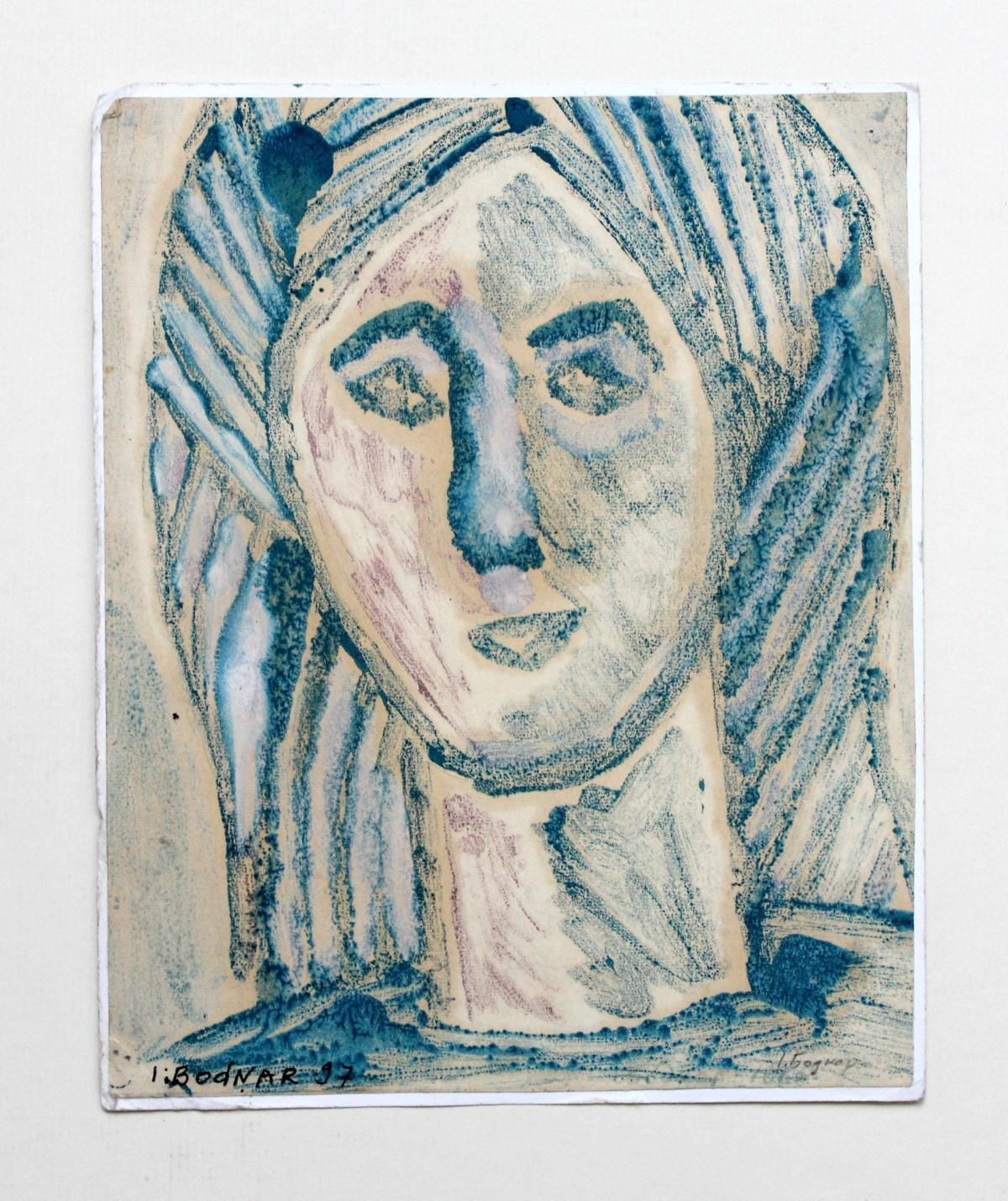 Igor Bodnaruntitled   XX Century, Mixed Media Portrait, Blue 1997 photo Art