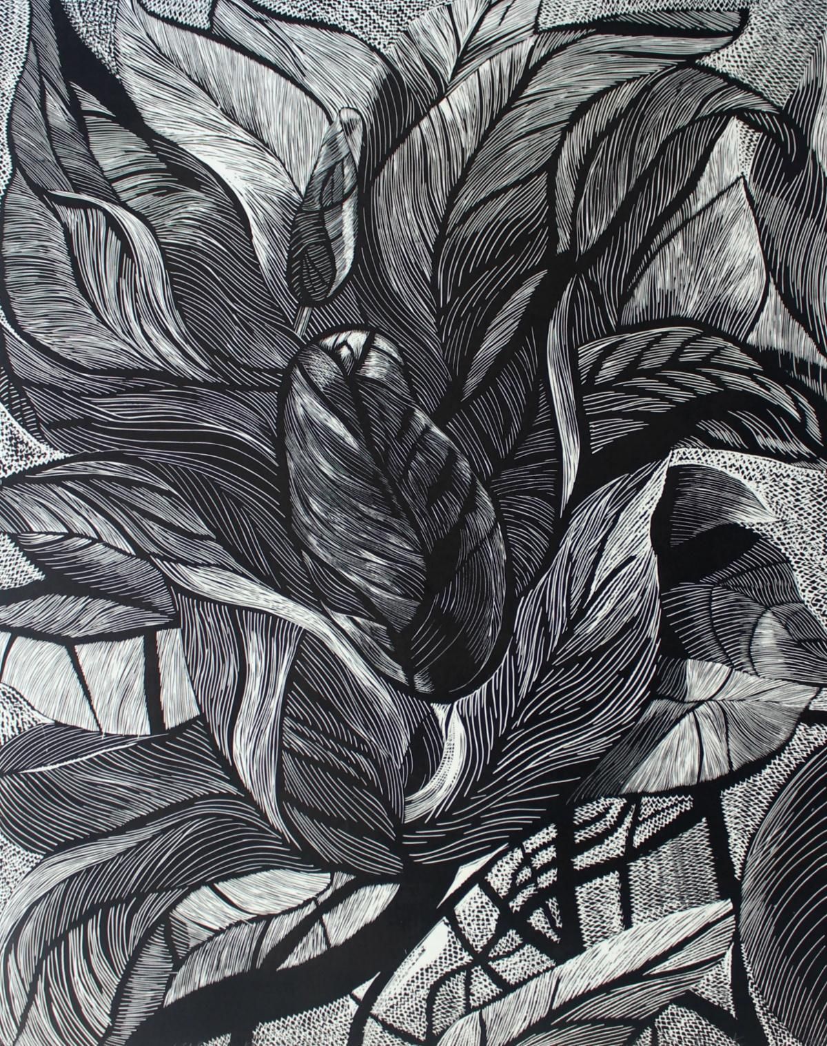 Marta Bozykblack Flower   Xxi Century, Contemporary Floral Linocut, Black And White2017