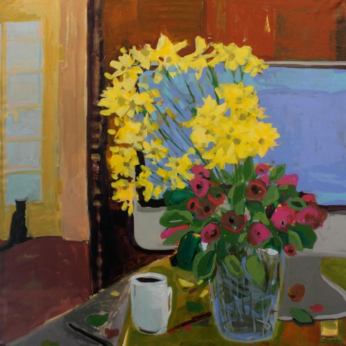 Monika Rossastill Life With Flowers   Xxi Century, Contemporary Oil Painting, Cat, Colorfulca. 2009