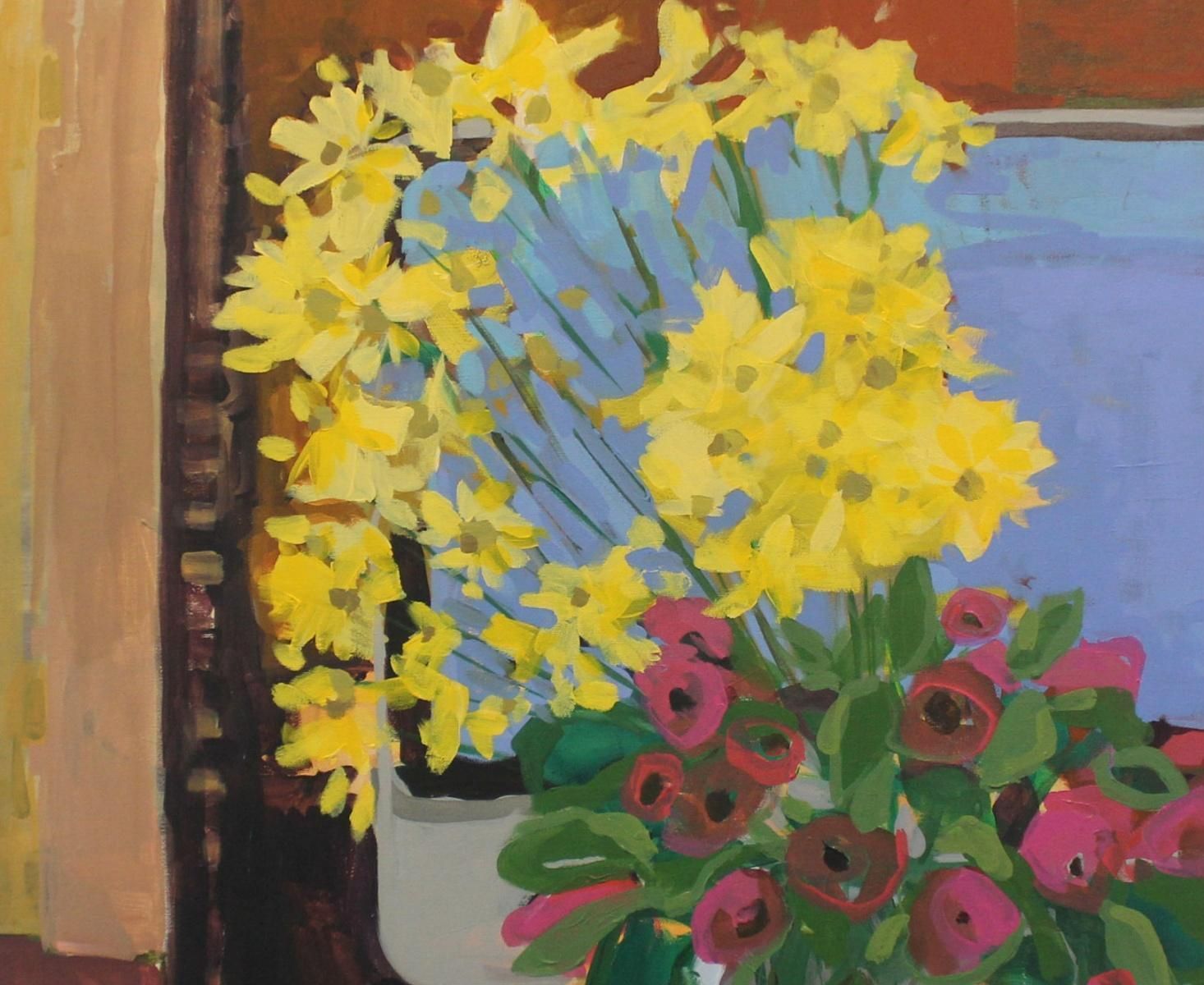 Monika Rossastill Life With Flowers   Xxi Century, Contemporary Oil Painting, Cat, Colorfulca. 2009 photo for sale