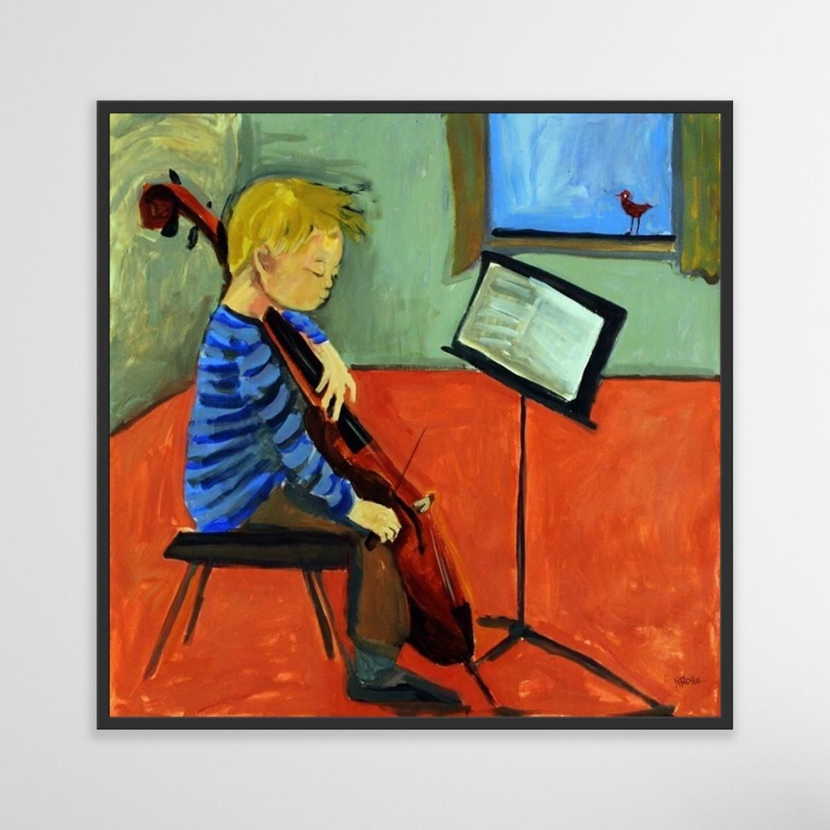 photo furniture Monika Rossalittle Cellist   Xxi Century Contemporary Figurative Oil Painting, Bright Colors2016