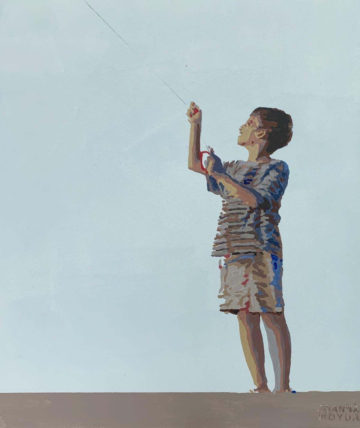 Joanna Woydabeach  With A Kite. Figurative Acrylic Painting, Minimalism, Pop Art, Polish Art2024 photo furniture